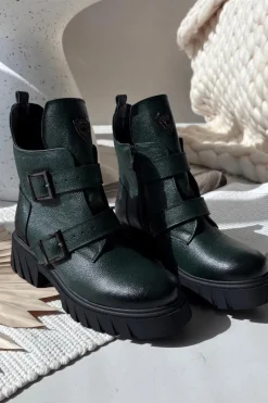 Skórzane Ocieplane Botki Damskie Z Klamrami I Ozdobnym Detalem Zazoo 60482 Ciemnozielone