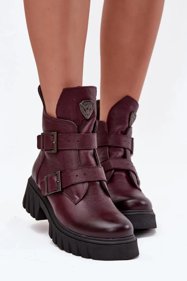 Skórzane Ocieplane Botki Damskie Z Klamrami I Ozdobnym Detalem Zazoo 60482 Bordowe