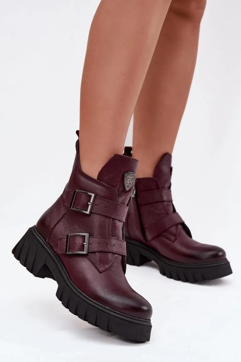 Skórzane Ocieplane Botki Damskie Z Klamrami I Ozdobnym Detalem Zazoo 60482 Bordowe