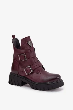 Skórzane Ocieplane Botki Damskie Z Klamrami I Ozdobnym Detalem Zazoo 60482 Bordowe