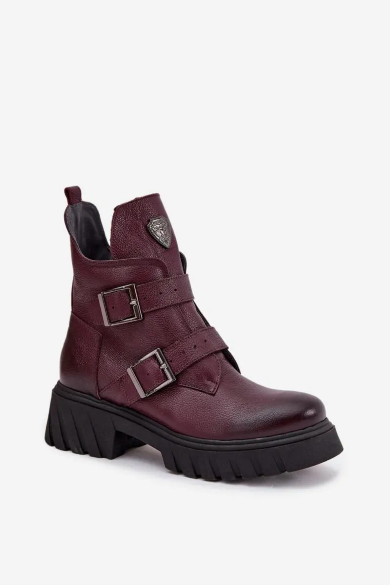 Skórzane Ocieplane Botki Damskie Z Klamrami I Ozdobnym Detalem Zazoo 60482 Bordowe