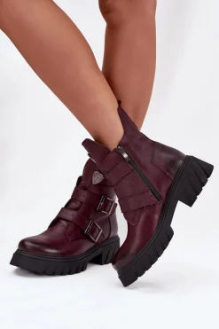 Skórzane Ocieplane Botki Damskie Z Klamrami I Ozdobnym Detalem Zazoo 60482 Bordowe