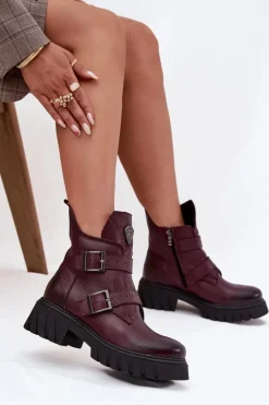 Skórzane Ocieplane Botki Damskie Z Klamrami I Ozdobnym Detalem Zazoo 60482 Bordowe