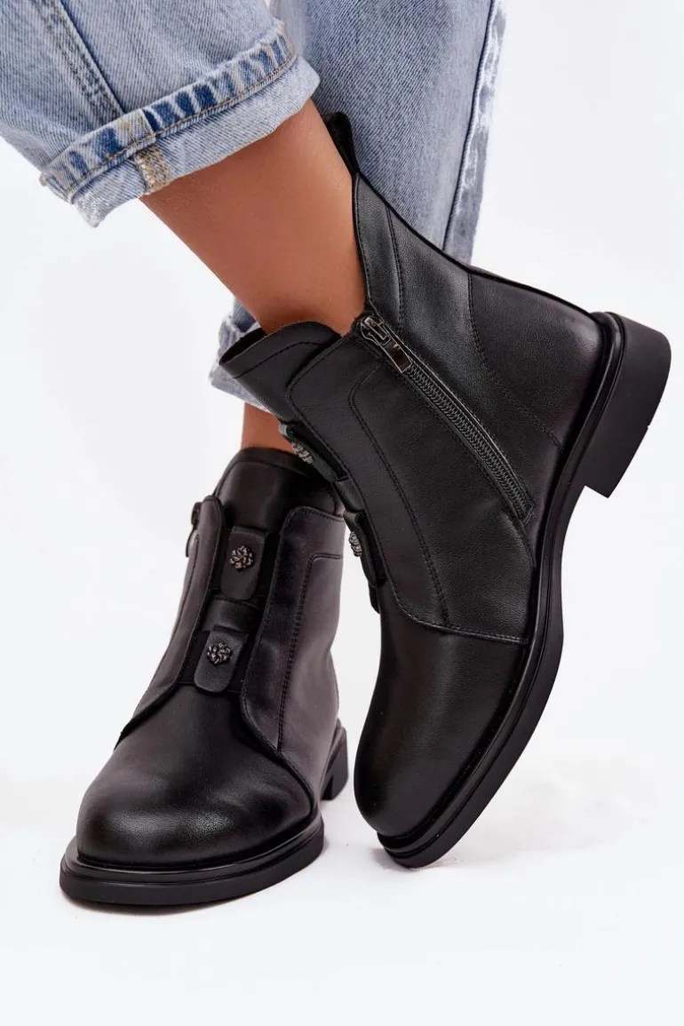 Skórzane Ocieplane Botki Damskie D&A MK52-026 Czarne