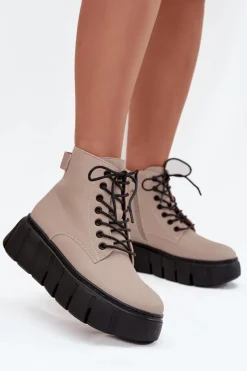 Skórzane Ocieplane Botki Damskie Na Platformie Vinceza 66803 Beżowe