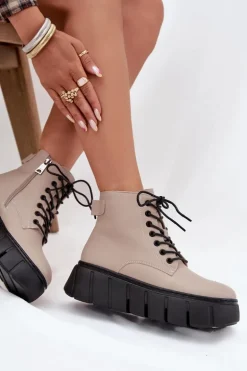 Skórzane Ocieplane Botki Damskie Na Platformie Vinceza 66803 Beżowe