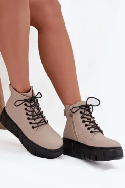 Skórzane Ocieplane Botki Damskie Na Platformie Vinceza 66803 Beżowe