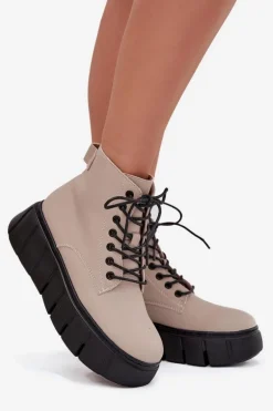 Skórzane Ocieplane Botki Damskie Na Platformie Vinceza 66803 Beżowe