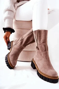 Skórzane Ocieplane Botki Kozaki Cappucino Souffle