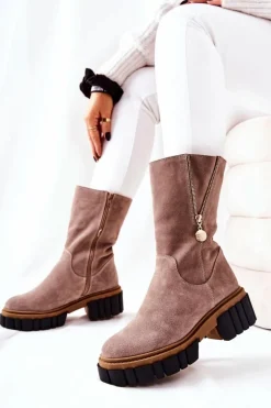 Skórzane Ocieplane Botki Kozaki Cappucino Souffle