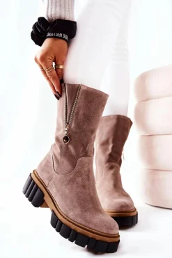 Skórzane Ocieplane Botki Kozaki Cappucino Souffle