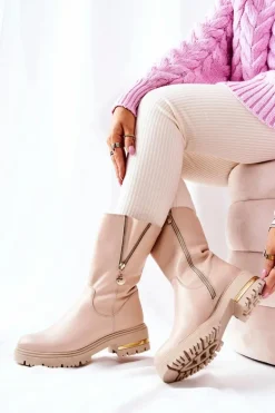 Skórzane Ocieplane Botki Kozaki Beżowe Florency