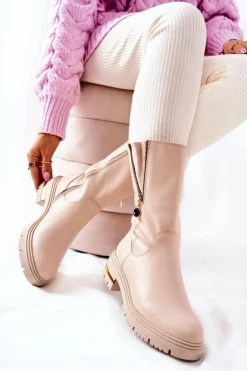 Skórzane Ocieplane Botki Kozaki Beżowe Florency