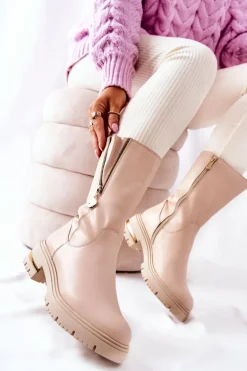 Skórzane Ocieplane Botki Kozaki Beżowe Florency