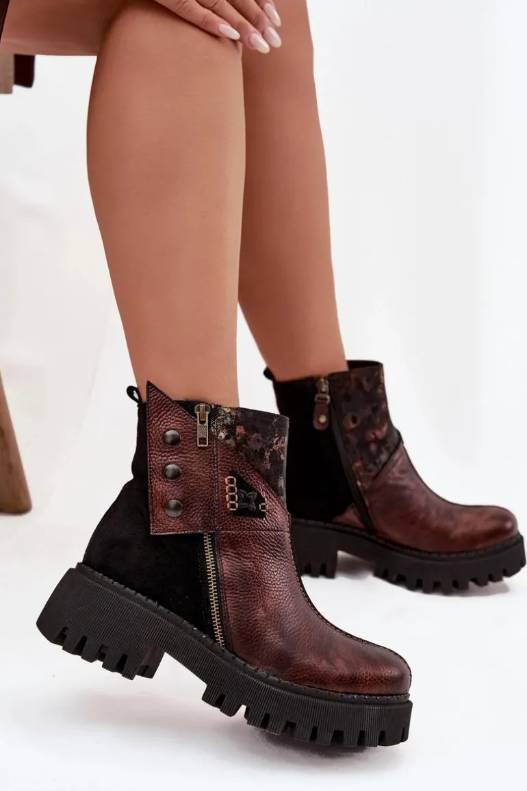 Skórzane Ocieplane Botki Na Platformie I Płaskim Obcasie Maciejka 06140-02 Brązowe