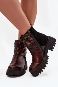 Skórzane Ocieplane Botki Na Platformie I Płaskim Obcasie Maciejka 06140-02 Brązowe