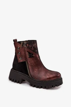 Skórzane Ocieplane Botki Na Platformie I Płaskim Obcasie Maciejka 06140-02 Brązowe