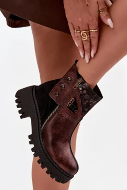 Skórzane Ocieplane Botki Na Platformie I Płaskim Obcasie Maciejka 06140-02 Brązowe