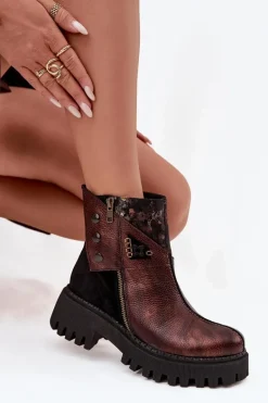 Skórzane Ocieplane Botki Na Platformie I Płaskim Obcasie Maciejka 06140-02 Brązowe