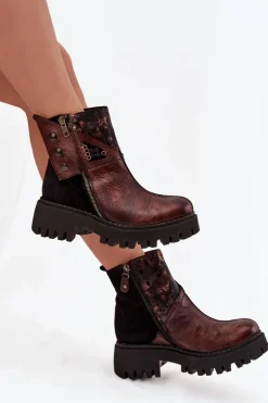 Skórzane Ocieplane Botki Na Platformie I Płaskim Obcasie Maciejka 06140-02 Brązowe