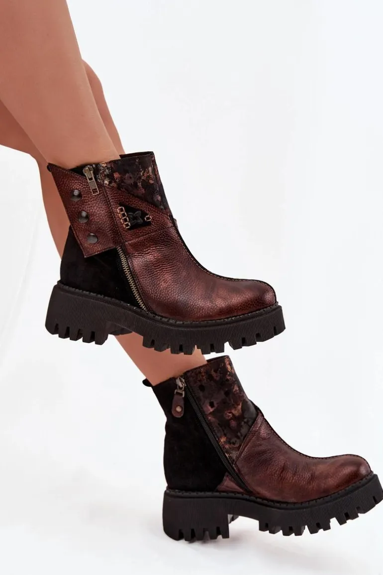 Skórzane Ocieplane Botki Na Platformie I Płaskim Obcasie Maciejka 06140-02 Brązowe