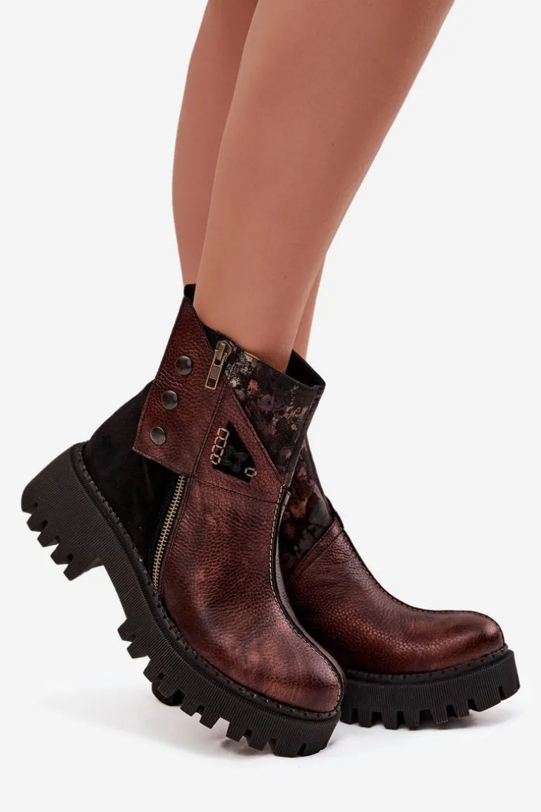 Skórzane Ocieplane Botki Na Platformie I Płaskim Obcasie Maciejka 06140-02 Brązowe