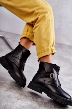 Skórzane Ocieplane Botki Na Suwak Czarne Verina