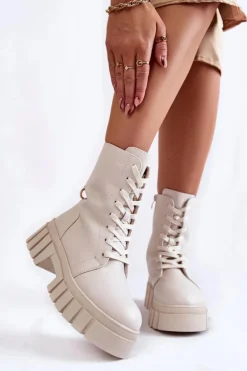 Skórzane Ocieplane Botki Na Platformie Jasnobeżowe Telisa