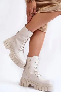 Skórzane Ocieplane Botki Na Platformie Jasnobeżowe Telisa