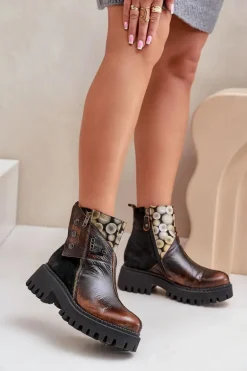 Skórzane Ocieplane Botki Na Platformie I Płaskim Obcasie Maciejka 06140-25 Złoto-Czarne