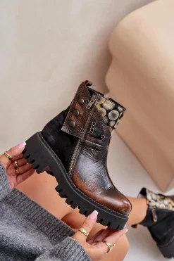 Skórzane Ocieplane Botki Na Platformie I Płaskim Obcasie Maciejka 06140-25 Złoto-Czarne