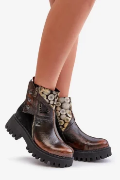 Skórzane Ocieplane Botki Na Platformie I Płaskim Obcasie Maciejka 06140-25 Złoto-Czarne