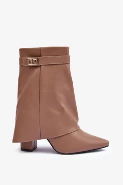 Skórzane Ocieplane Botki Na Słupku Ciemnobeżowe Chevie