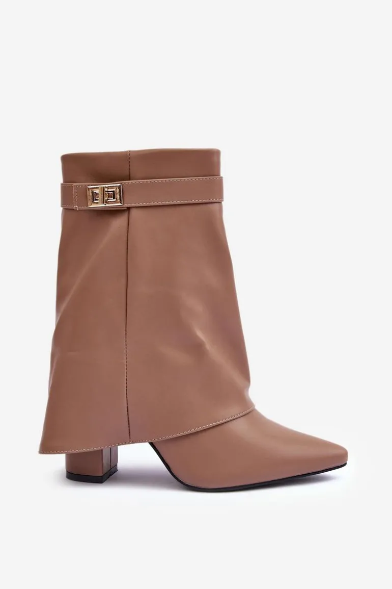 Skórzane Ocieplane Botki Na Słupku Ciemnobeżowe Chevie