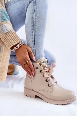 Skórzane Ocieplane Botki Na Suwak Z Perłami Beżowe Raiso