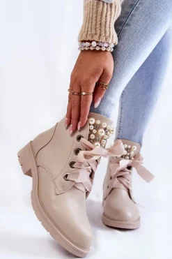 Skórzane Ocieplane Botki Na Suwak Z Perłami Beżowe Raiso