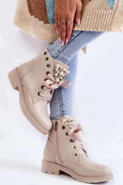 Skórzane Ocieplane Botki Na Suwak Z Perłami Beżowe Raiso