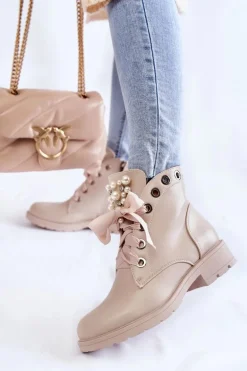 Skórzane Ocieplane Botki Na Suwak Z Perłami Beżowe Raiso