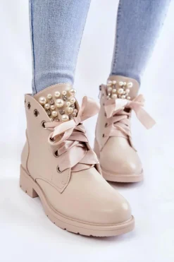 Skórzane Ocieplane Botki Na Suwak Z Perłami Beżowe Raiso