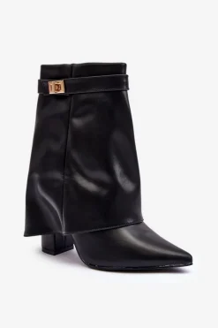 Skórzane Ocieplane Botki Na Słupku Czarne Chevie