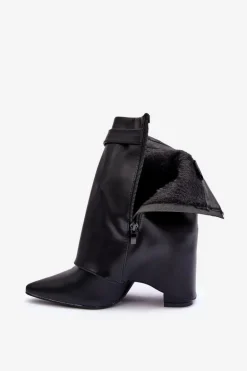 Skórzane Ocieplane Botki Na Słupku Czarne Chevie