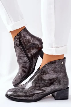 Skórzane Ocieplane Botki Na Obcasie Maciejka 04777-13 Popielate