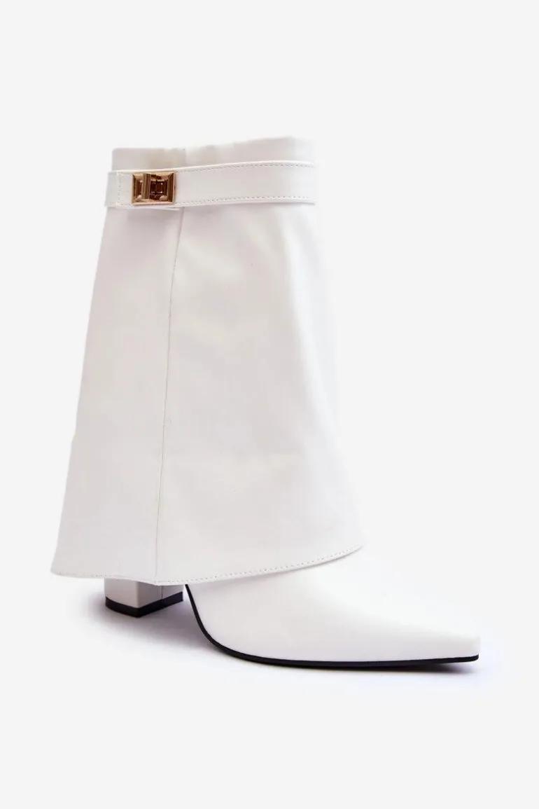 Skórzane Ocieplane Botki Na Słupku Białe Chevie