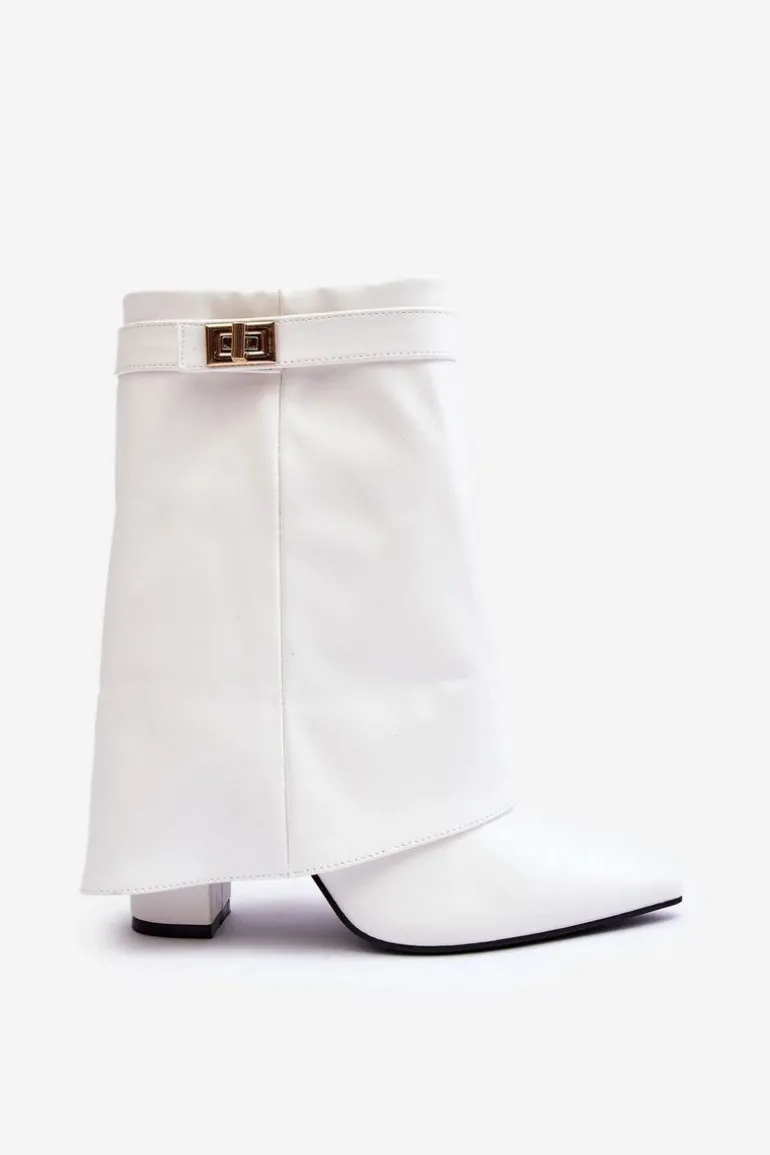 Skórzane Ocieplane Botki Na Słupku Białe Chevie