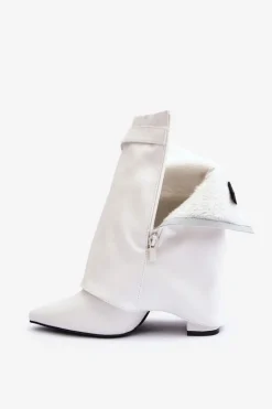 Skórzane Ocieplane Botki Na Słupku Białe Chevie