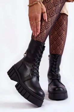 Skórzane Ocieplane Botki Na Platformie Czarne Telisa