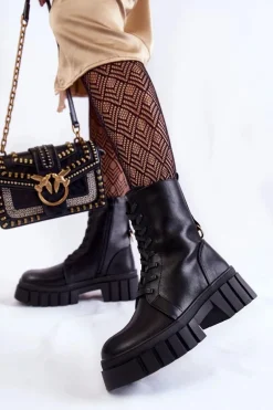 Skórzane Ocieplane Botki Na Platformie Czarne Telisa