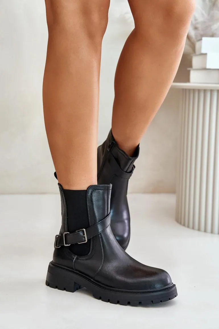 Skórzane Ocieplane Botki Sztyblety Z Paskiem Sergio Leone TR719-S Czarne