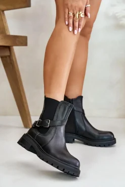 Skórzane Ocieplane Botki Sztyblety Z Paskiem Sergio Leone TR719-S Czarne