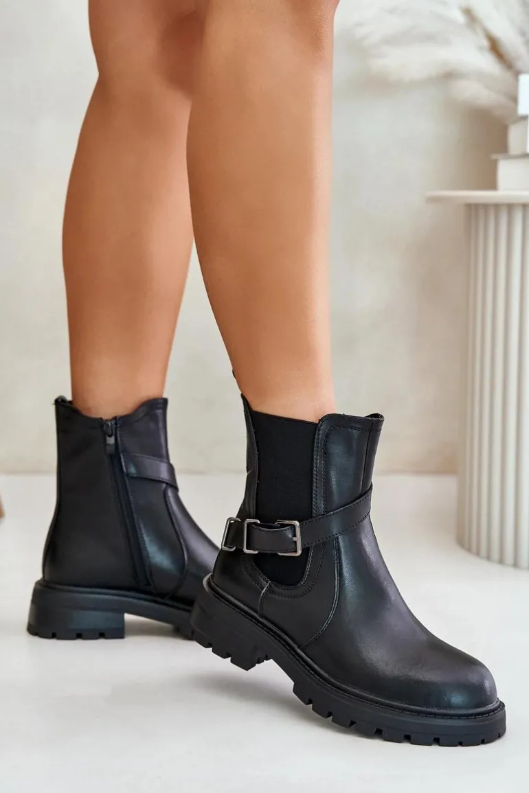 Skórzane Ocieplane Botki Sztyblety Z Paskiem Sergio Leone TR719-S Czarne